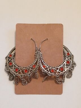 Boho Crescent Hoop Earrings Silver Tone Red Beaded Statement Dangle